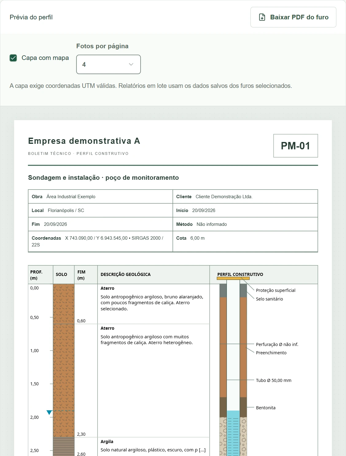 Prévia do documento do poço PM-01 no Estrato, com o botão Baixar PDF do furo, os dados da obra, a coluna geológica com as descrições das camadas e o perfil construtivo. Dados fictícios.